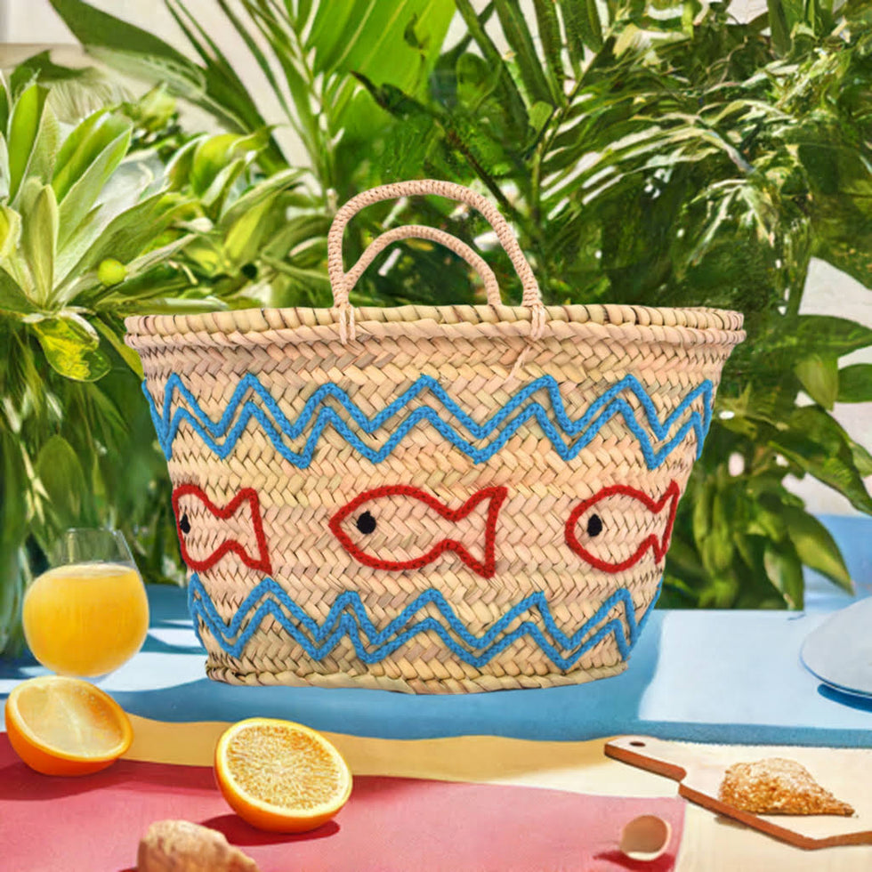 Embroidered Fish Motif Straw Beach Bag