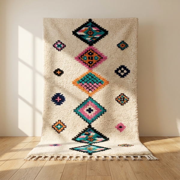 Azilal Rug – Multicolor Shaggy Diamond Wool Moroccan Carpet