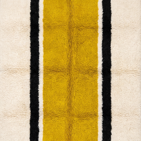Authentic Moroccan Rug – High Pile Shaggy Wool Area Rug with Modern Mustard Stripe Pattern for Boho Living Room Decor