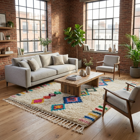 Azilal Rug – Multicolor Shaggy Diamond Wool Area Rug