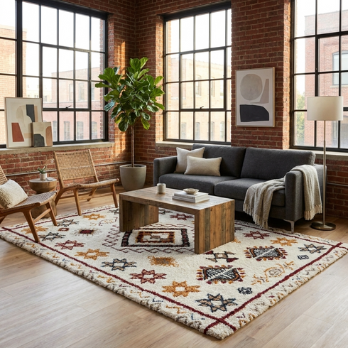 Handmade Azilal Rug - High Pile Natural Wool - Boho Moroccan Living Room Decor - Tribal Geometric Pattern