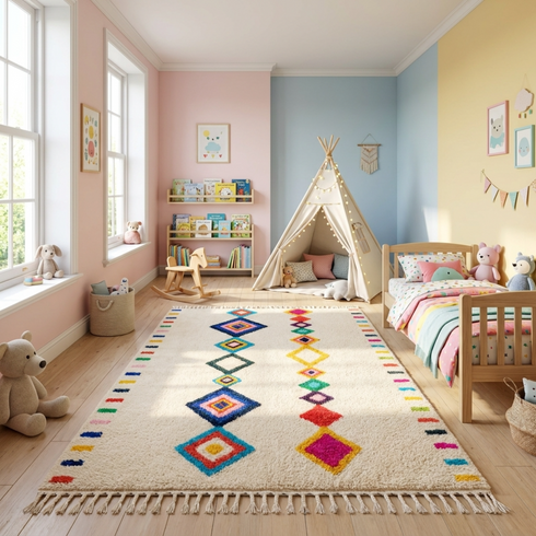 Handmade Azilal Rug - Plush High Pile Wool - Vibrant Geometric Boho Living Room Decor