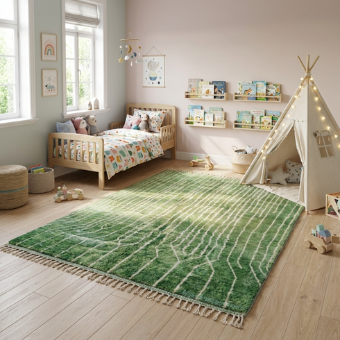 Modern Moroccan Wool Rug – Plush Shaggy Berber Rug with Sage Green Geometric Design for Boho Decor
