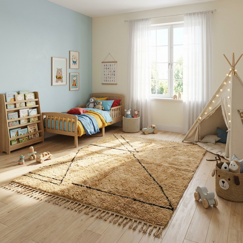 Beni Ourain Rug - High Pile Natural Wool - Abstract Geometric Pattern