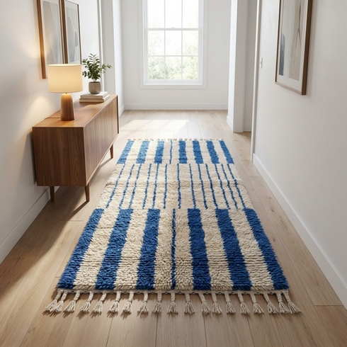 Handmade Azilal Rug – Plush High Pile Wool Rug with Modern Geometric Blue & Ivory Design