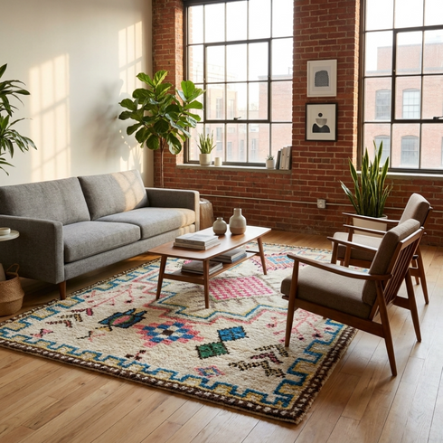 Authentic Handmade Azilal Rug – Natural Wool Moroccan Rug with Vibrant Tribal Geometric Design
