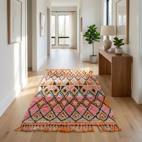 Handmade Boujaad Rug - Plush 100% Wool - Vibrant Boho Living Room Decor - Pink & Orange Geometric Pattern