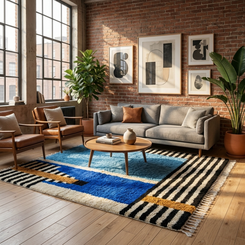 Authentic Moroccan Rug – High Pile Shaggy Wool Area Rug with Vibrant Abstract Design for Modern Interiors