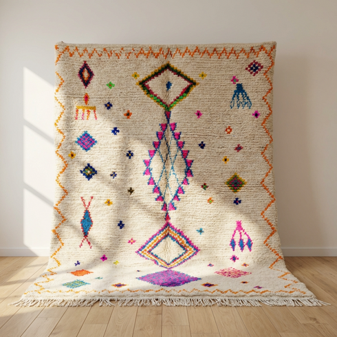 Handmade Azilal Rug - Plush Natural Wool - Vibrant Berber Symbols on Ivory