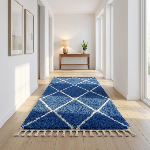 Beni Ourain Rug – Blue Plush Geometric Wool Area Rug
