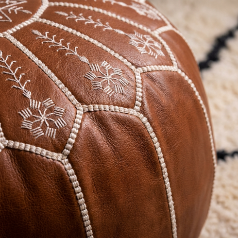 Handmade Moroccan Pouf - Brown Genuine Leather - Boho Chic Living Room Footrest