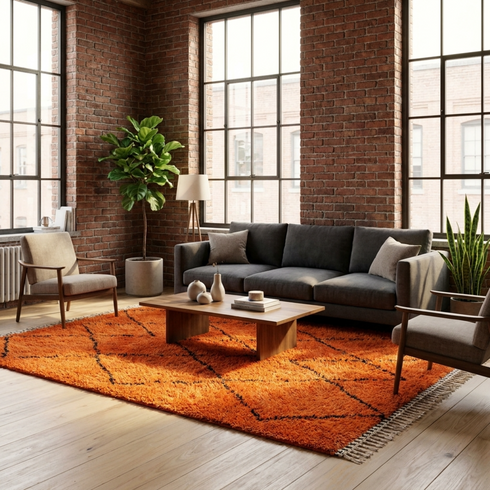 Authentic Moroccan Area Rug – Plush Shaggy Wool Rug in Vibrant Orange for Modern Boho Living Room Decor