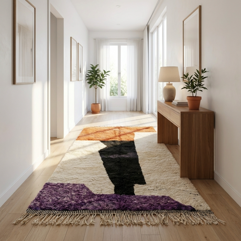 Authentic Moroccan Rug – High Pile Natural Wool Area Rug with Modern Abstract Design for Boho Interiors