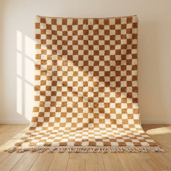 Beni Ourain Rug – Brown & White Checkered Wool Area Rug
