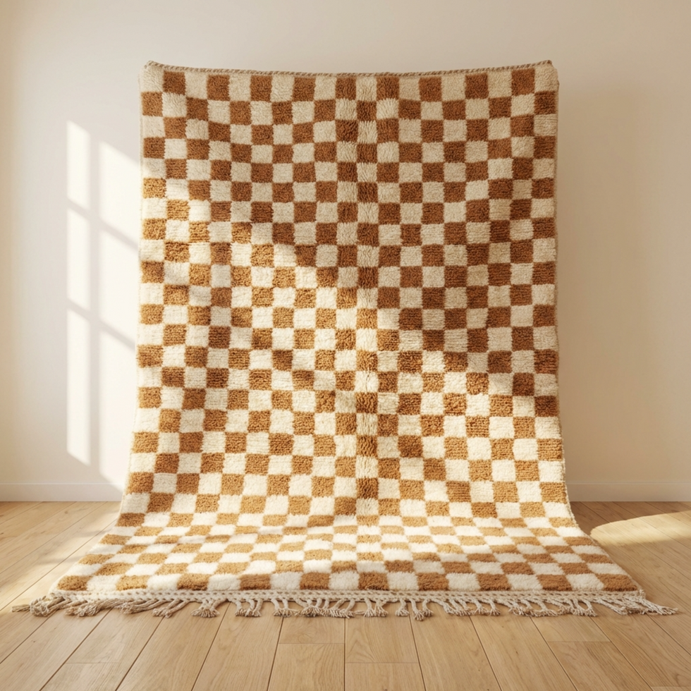 Beni Ourain Rug – Brown & White Checkered Wool Area Rug