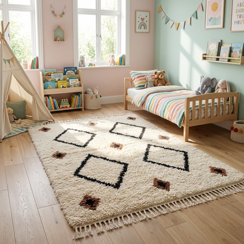 Authentic Beni Ourain Rug - High Pile Natural Wool - Boho Living Room Decor