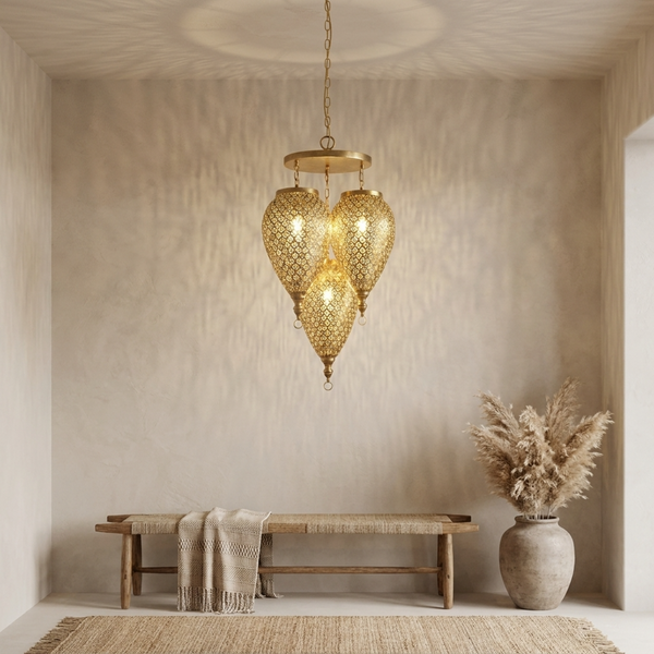 Authentic Custom Brass Chandelier – Gold Hand-Hammered Triple Teardrop Pendant Light for Boho Bedroom Mood Lighting