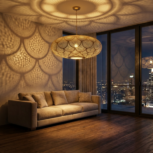 Handmade Moroccan brass pendant light casting intricate shadow patterns in a modern living room