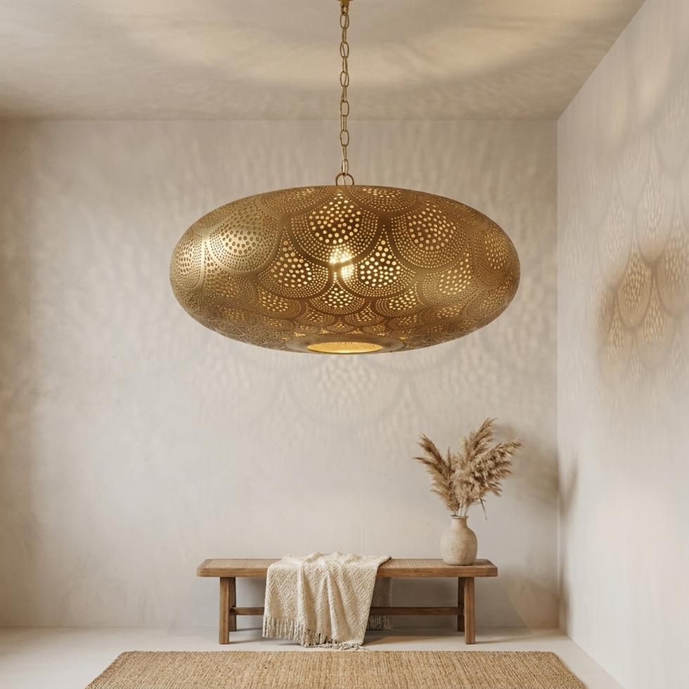 Brass Pendant Light – Moroccan Filigree Openwork Bedroom