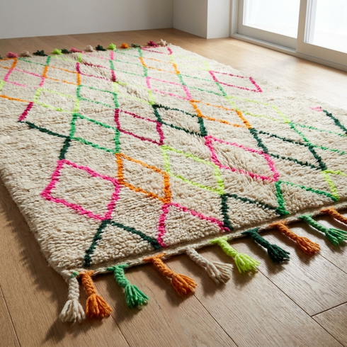 Authentic Handmade Azilal Rug – Plush Shaggy Wool Moroccan Rug with Vibrant Neon Geometric Patterns