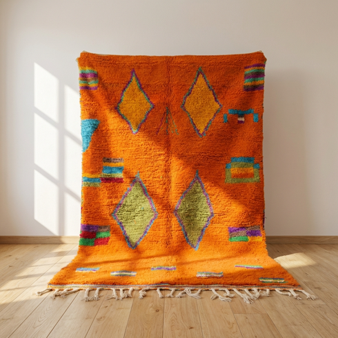 Vibrant Beni Ourain Rug - Bold Orange Geometric Boho Decor