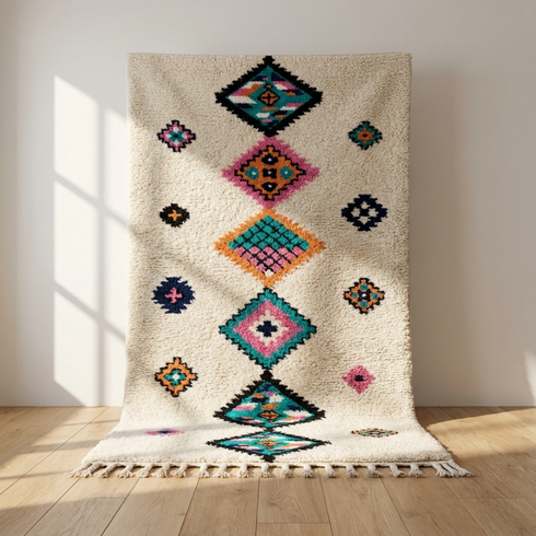 Azilal Rug – Multicolor Shaggy Diamond Wool Moroccan Carpet