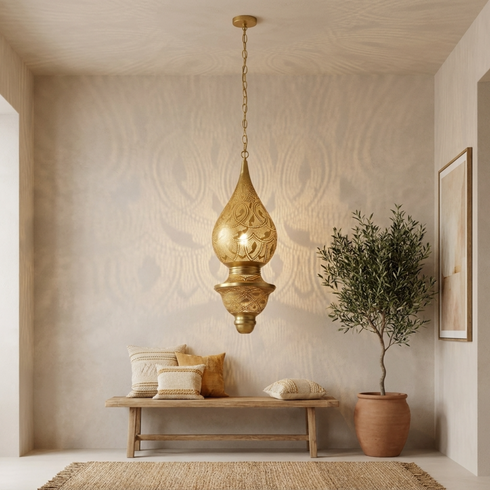 Authentic Handmade Moroccan Lamp – Gold Brass Teardrop Pendant Lantern with Intricate Filigree Design for Entryway Decor