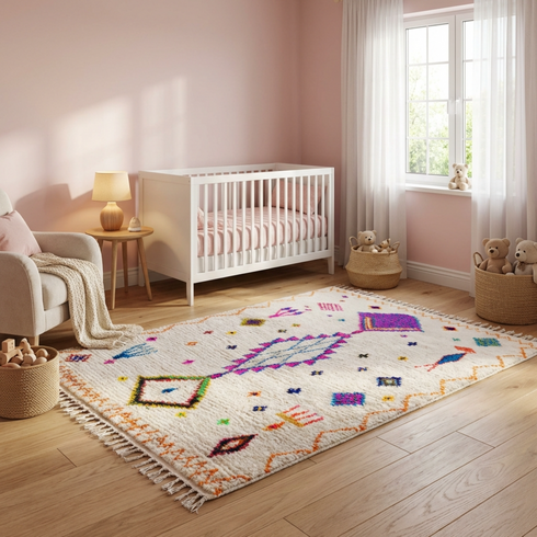 Handmade Azilal Rug - Plush Natural Wool - Vibrant Berber Symbols on Ivory