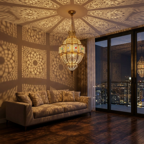 Handmade Moroccan Pendant Lamp – Gold Brass Statement Light with Filigree Pattern for Living Room Decor