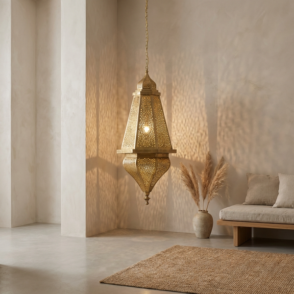 Authentic Moroccan Hanging Lamp - Gold Hand-Hammered Brass - Entryway Lantern
