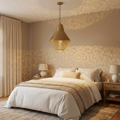 Handmade Moroccan Brass Lamp – Gold Pendant Light with Geometric Filigree Design for Kitchen Island Lighting
