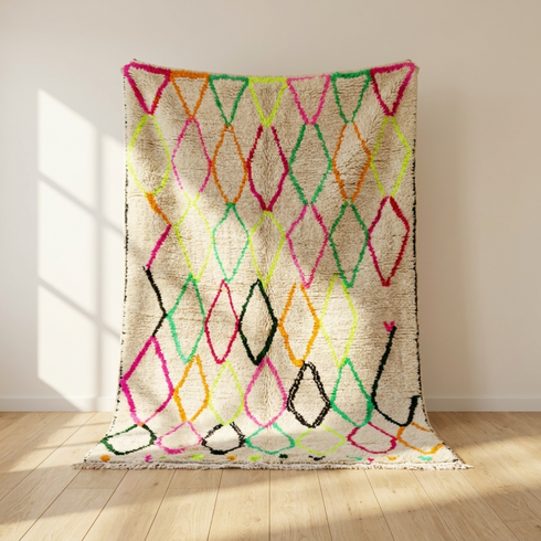Authentic Handmade Azilal Rug – Plush Shaggy Wool Moroccan Rug with Vibrant Neon Geometric Patterns
