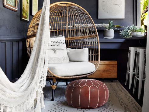 Moroccan Leather Ottoman - Stitched Hand-Knotted Leather Pouf