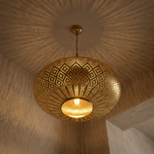 Moroccan Pendant Light – Perforated Brass Shadow-Casting Lamp