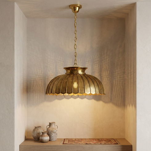 Authentic Handmade Moroccan Lamp – Gold Brass Dining Room Chandelier with Intricate Perforated Shadow Casting Design