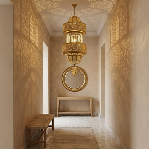 Authentic Handmade Moroccan Lamp – Gold Brass Multi-Tiered Pendant Light with Intricate Filigree Design for Living Room Decor