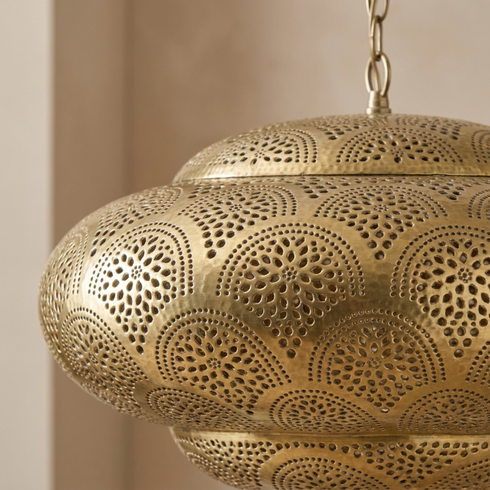 Authentic Handmade Moroccan Lamp – Gold Brass Pendant Light with Intricate Perforated Shadow Casting for Living Room Decor