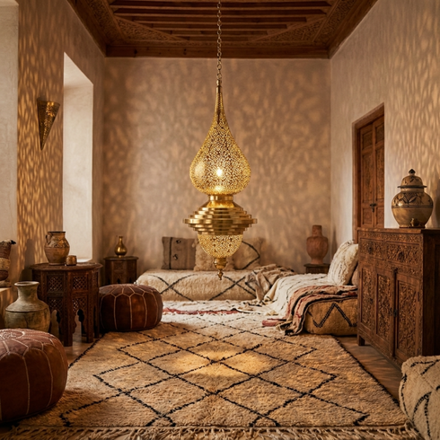 Brass Pendant Light – Moroccan Filigree Openwork Entryway