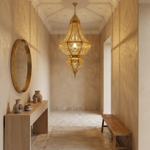 Moroccan Chandelier – Brass Filigree Openwork Shadow-Casting