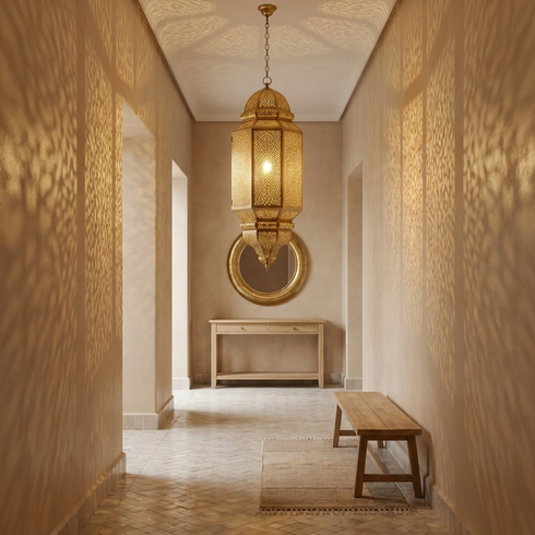 Handmade Authentic Moroccan Hanging Lamp – Gold Brass Pendant Light with Intricate Filigree Entryway Lantern Design