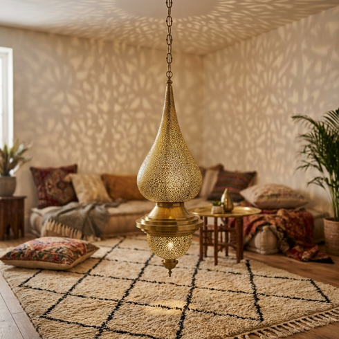 Authentic Moroccan Hanging Lamp – Hand-Hammered Brass Globe Pendant Light for Boho Bedroom Mood Lighting