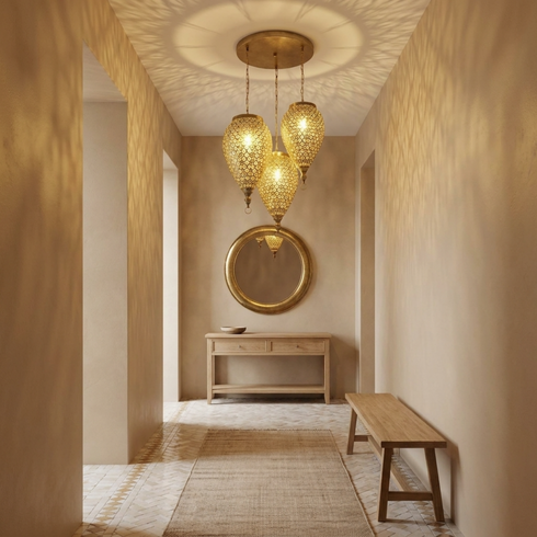 Authentic Custom Brass Chandelier – Gold Hand-Hammered Triple Teardrop Pendant Light for Boho Bedroom Mood Lighting