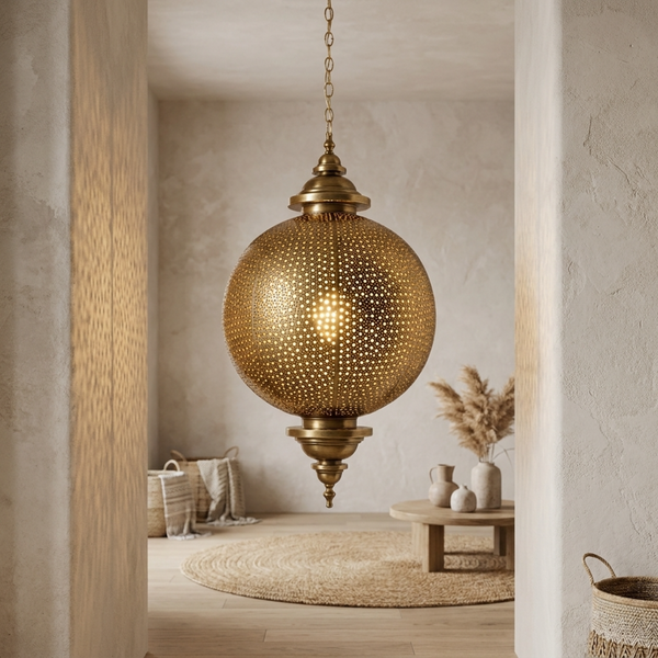 Brass Pendant Light – Moroccan Filigree Openwork Shadow-Casting