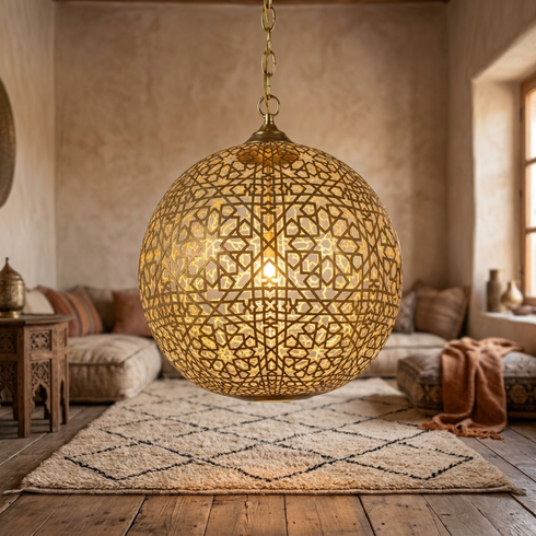Authentic Handmade Moroccan Lamp – Gold Brass Globe Pendant Light for Elegant Living Room Statement Lighting