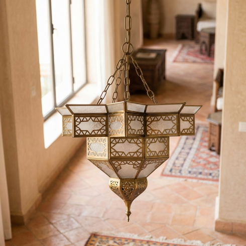Handmade Moroccan Brass Pendant Lamp - Milky Glass Boho Light (pl-2018)