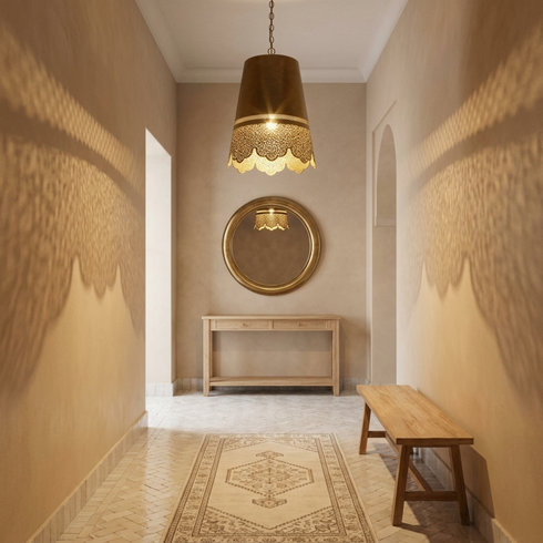 Authentic Handmade Moroccan Lamp – Gold Brass Pendant Light with Intricate Filigree Openwork Pattern for Kitchen Island Decor