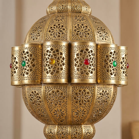 Handmade Moroccan Pendant Lamp – Gold Brass Statement Light with Filigree Pattern for Living Room Decor