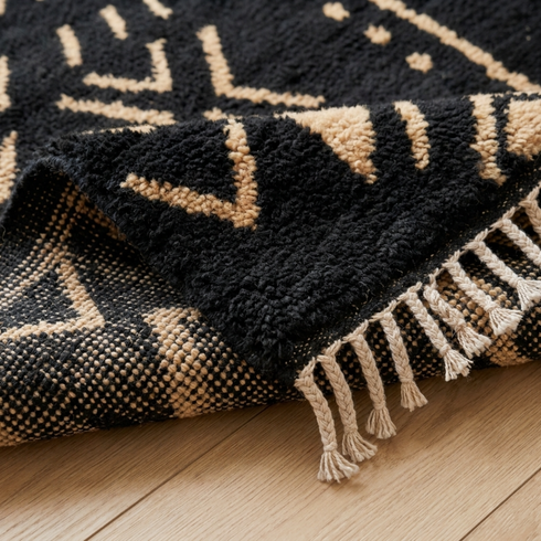 Moroccan Berber Rug – Black & Ivory High-Pile Tribal Wool Rug