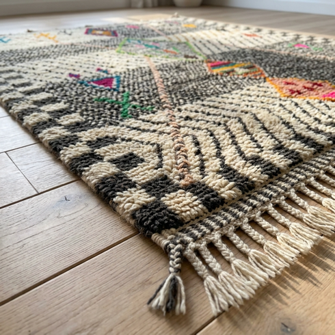 Authentic Handmade Azilal Rug – 100% Wool Moroccan Area Rug with Colorful Abstract Geometric Pattern