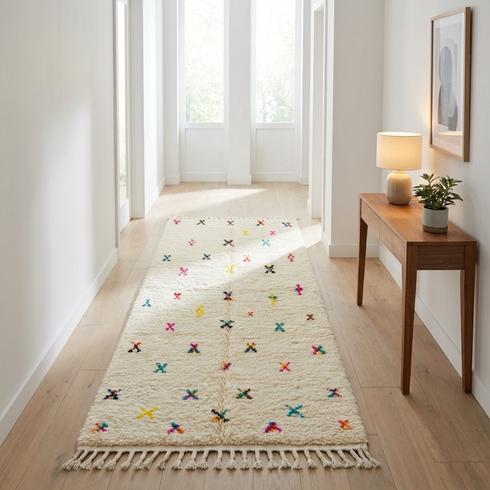 Handmade Azilal Rug - Plush High Pile Wool - Boho Living Room Decor - Ivory with Vibrant Tribal Symbols